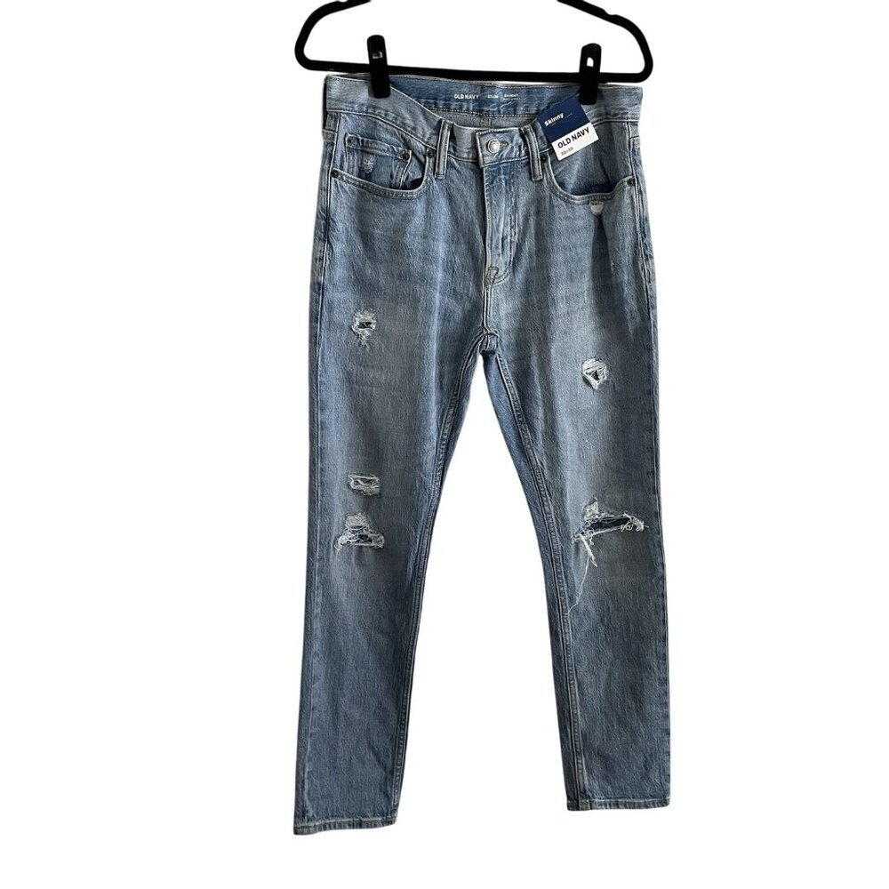 Old Navy Men Sz 32x30 Blue Light Wash Built In Flex Distressed Skinny Jeans NWT